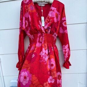 Trina Turk Vibrant Red Floral Long Sleeve Dress
